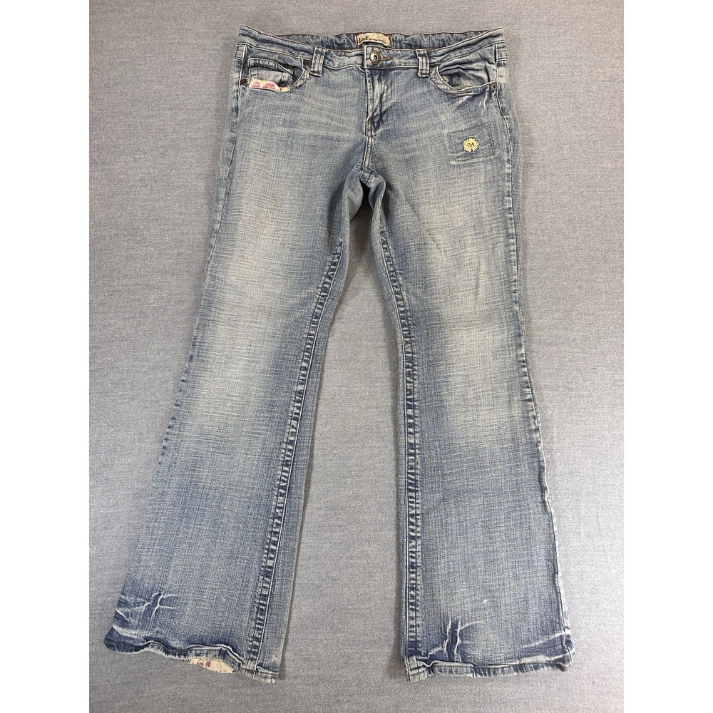 Vintage Y2K L.E.I. Jeans Juniors 17 Low Rise Flare Floral Embroidered Denim